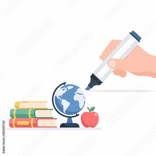 A hand holding a blue marker is highlighting a globe, with books and an apple.