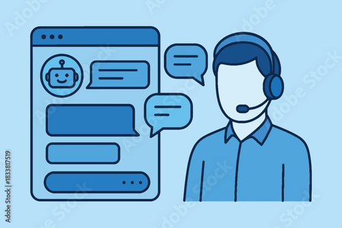 Customer service agent wearing headset with chatbot communication interface
