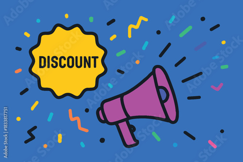Megaphone announcing discount with confetti and starburst