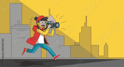 An astonished photographer, caught off guard by a bright camera flash, sprints through a stylized urban environment, documenting the fast-paced city life.