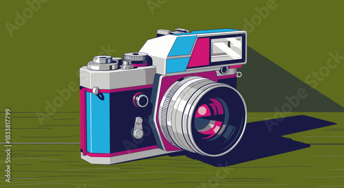 This vibrant graphic illustration features a classic vintage camera, rendered with bold pop-art colors and crisp lines, evoking the timeless charm of photography.