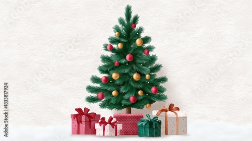 Christmas tree with gold and red ornaments sits in front of a pile of presents