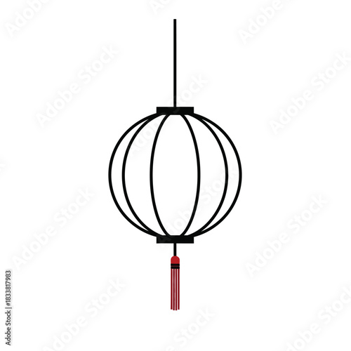 Elegant black wire lantern with red tassel on white background