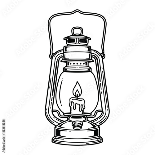 Vintage lantern with candle flame black and white line art