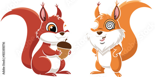 Set of Two Adorable Cartoon Squirrel Characters in Vector Format, One Holding a Brown Acorn and the Other with Funny Swirly Eyes and a Big Fluffy Tail, Perfect for Kids' Design