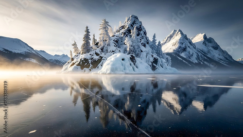 Scenic view of snow covered island and mountain range on frozen lake landscape