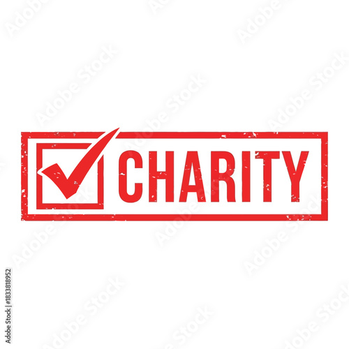 Charity stamp with check mark red ink distressed texture isolated