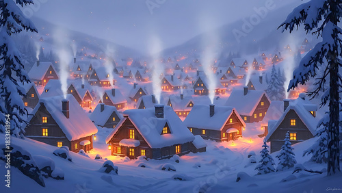 Scenic village during winter with glowing lights and smoke in snowy mountains
