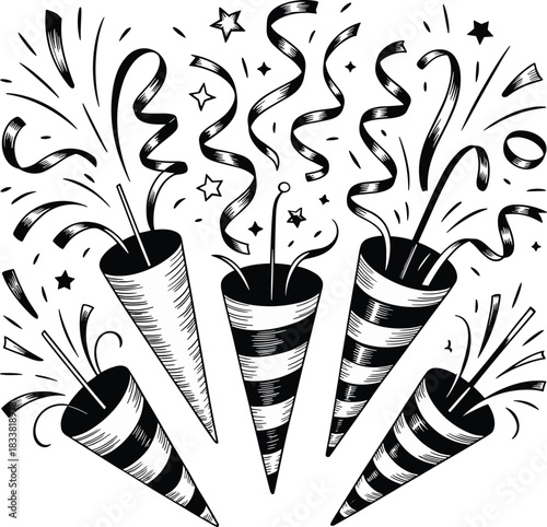 Five black and white party poppers exploding confetti and streamers