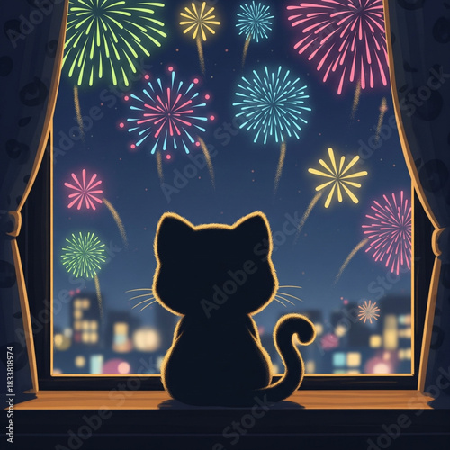Silhouette cat watching colorful fireworks display from cozy window seat