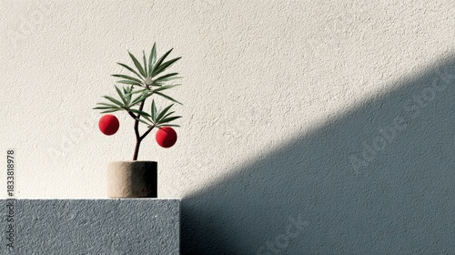 Minimalist potted plant with two red spherical fruits on a textured surface with diagonal shadow