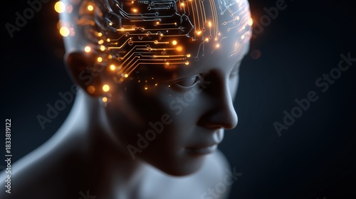 Woman's face with a computer chip on it