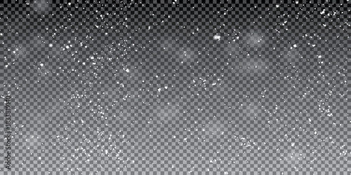Random falling snowflakes wallpaper. Snowfall dust freeze granules. Snowfall sky white on transparent background. Lots of snowflakes february vector. 