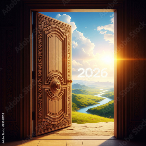 Open door to bright 2026 future with scenic landscape and sunny sky