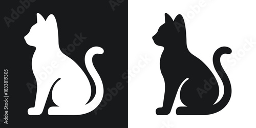 Black and white silhouette icons of a sitting cat on contrasting backgrounds animal