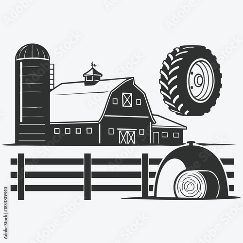 Farm Barn & Fence Silhouette Scene