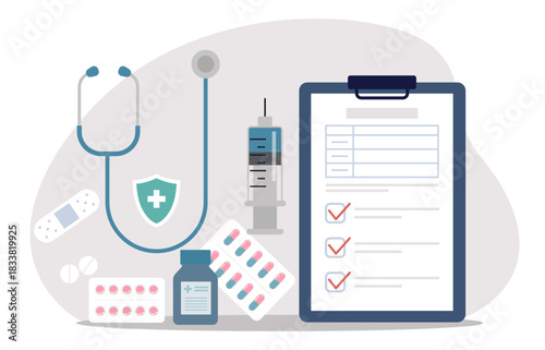 Set of medicament and medical object with stethoscope, prescription and syringe on the grey background for clinic and hospital. Patients profile with information and graphic. Flat vector illustration