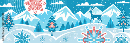 Winter cartoon, vector illustration, stylized winter landscape, snowfall and sun, deer against the backdrop of mountains