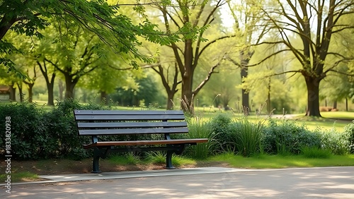 A serene park bench sits empty amidst lush greenery under natural daylight.