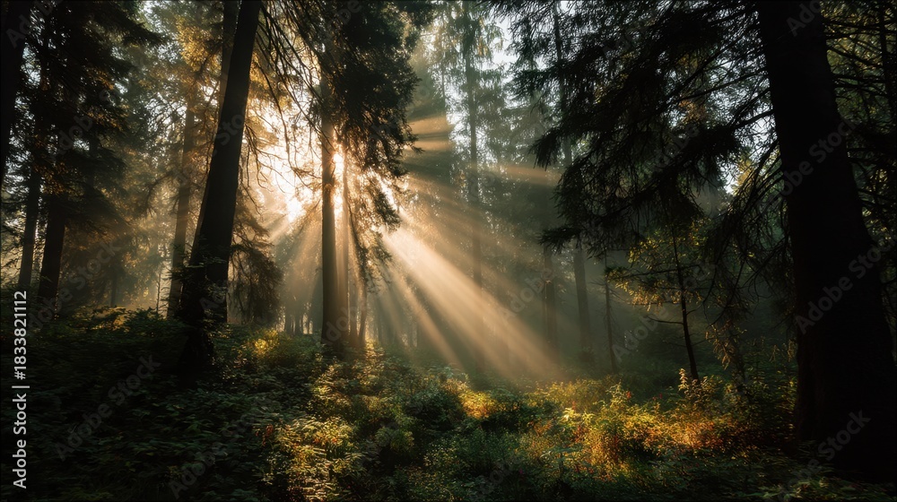 Obraz premium Golden rays of sunlight stream through the branches of towering trees in a tranquil forest. Ferns and underbrush bask in the soft morning light creating a peaceful atmosphere.