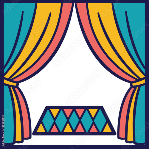 Colorful circus tent entrance with curtains and diamond patterned mat