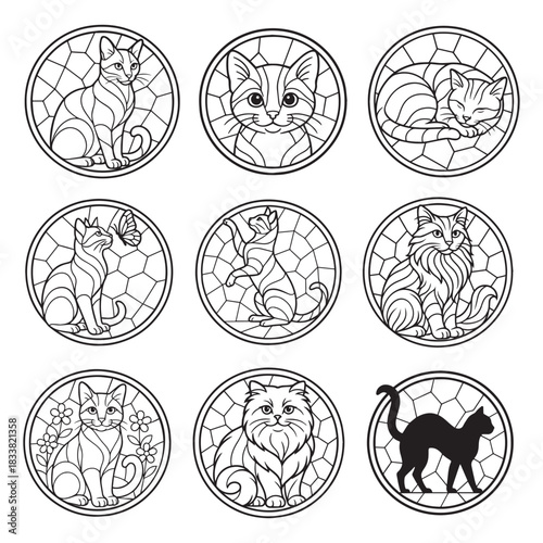 collection of Cat Mosaic design, Stained Glass Cat, Line Art Mandala Circle, Cat Lover, Animal Mosaic Tile illustration