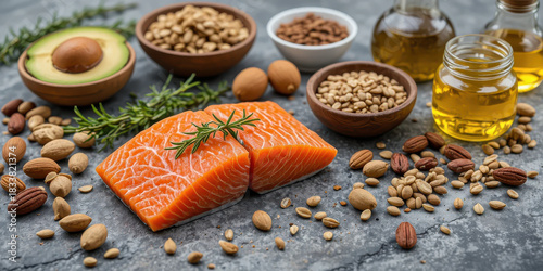 Fresh salmon fillets with avocado, nuts and healthy oils arranged on rustic table, clean eating composition showcasing nutrient-rich ingredients for wellness and food content
