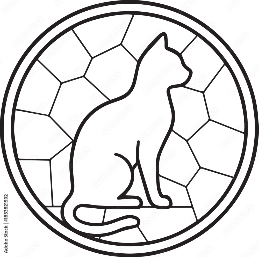 Obraz premium Minimalist cat outline Mosaic design, Cat Mosaic, Stained Glass Cat, Line Art Mandala Circle, Cat Lover, Animal Mosaic Tile illustration