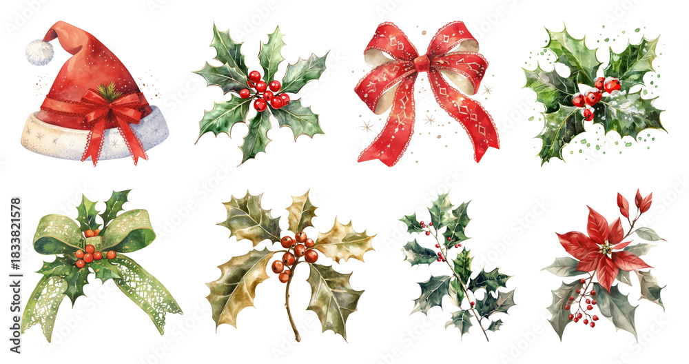 Obraz premium PNG Festive holiday decorations watercolor, element set on transparent background