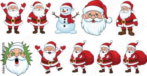 Mega Bundle of Ten Adorable Cartoon Vector Illustrations of Santa Claus in Diverse Poses, Waving, Carrying a Gift Sack, Jumping, and One Head Portrait with Star Eyes, Plus a Friendly Snowman