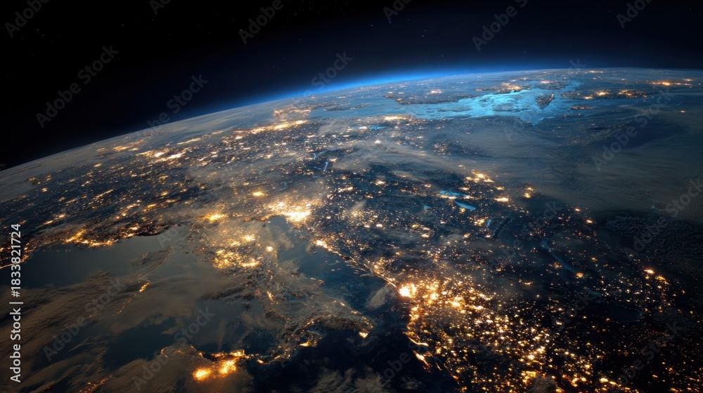 Fototapeta premium The night sky is filled with lights from cities all over the world. The stars are barely visible, but the lights from the cities are shining brightly