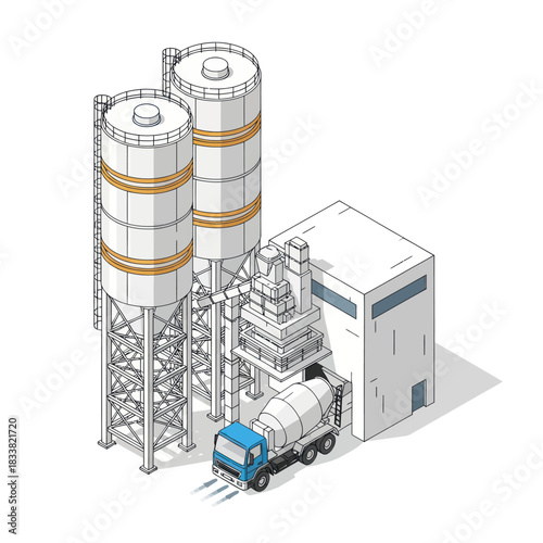 Industrial concrete plant with silos and mixer truck illustration.