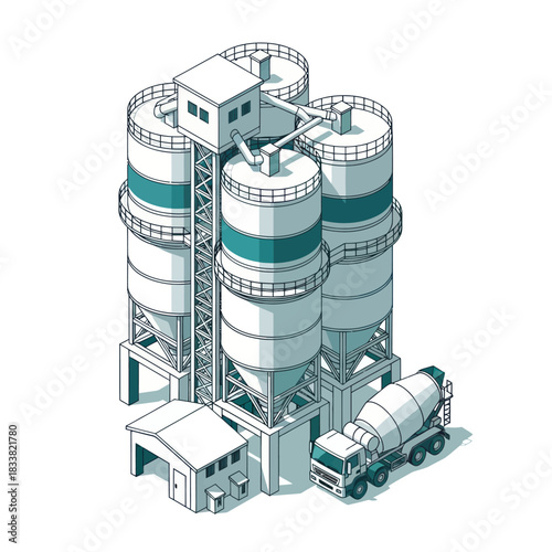 Industrial Concrete Mixing Plant with Cement Silos and Truck.