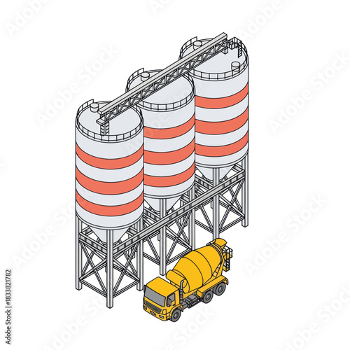 Isometric illustration of an industrial cement plant with storage silos and a concrete mixer truck.
