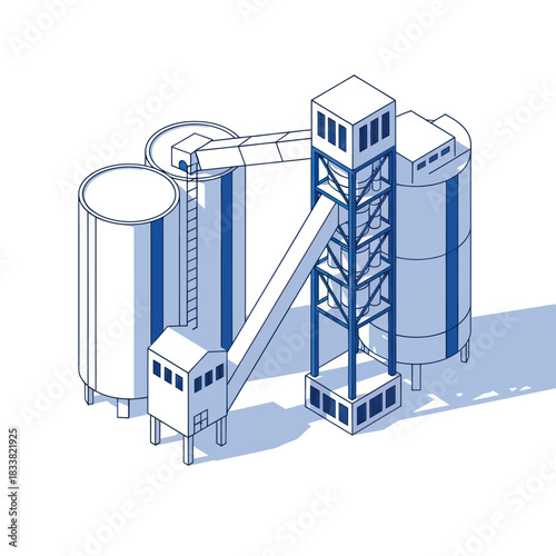 Isometric Illustration of an Industrial Silo and Elevator Complex.