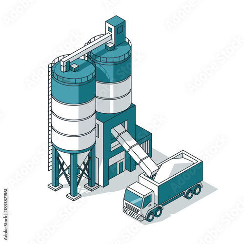 Industrial concrete plant with truck loading materials isometric view.
