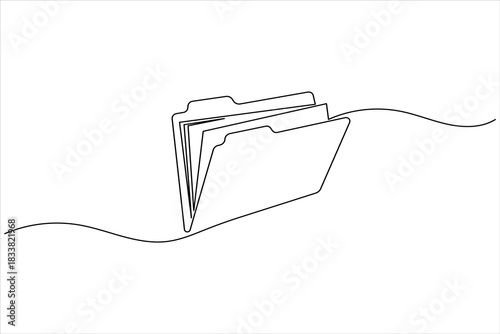 Continuous line art open file folder with documents, data storage