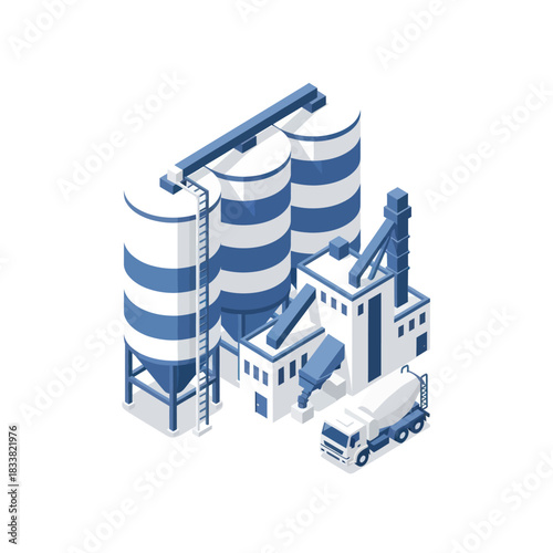 Isometric view of a modern industrial cement factory with silos and trucks.