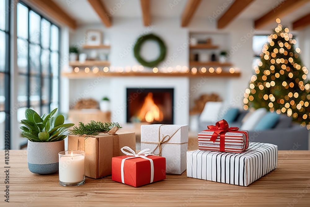 Naklejka premium Cozy Christmas gift scene on wooden table with presents, wreath, and lit fireplace in a festive living room