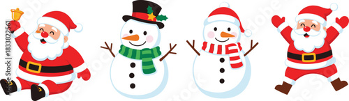 Set of Four Adorable Vector Cartoon Snowmen Characters, Two with Red and Green Striped Scarves and Hats, Including One Happily Jumping and Another with a Bell, Perfect for Christmas Design