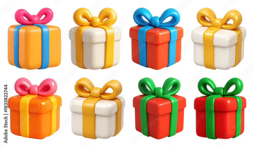 Fototapeta premium PNG Colorful 3D gift boxes variety, element set on transparent background