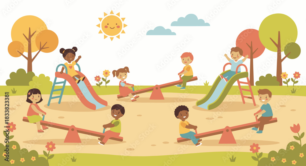 Obraz premium “Outdoor kindergarten playground with children on small slides and seesaws, warm sunny palette, simple nature elements.”