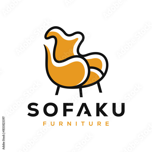 Simple Minimalist Furniture Logo. Interior Sofa Chair with Modern Line art Outline Style. Furnishing Interior Logo Design Template.