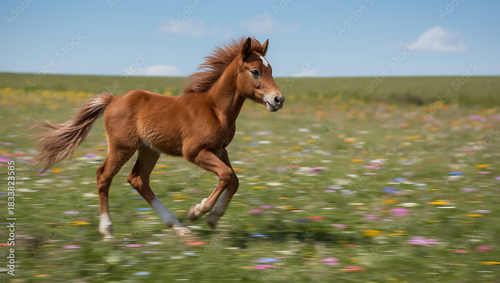 Obraz premium young foal with a shiny brown coat and flowing mane running freely across an open green meadow under bright daylight capturing motion energy youth and natural beauty in a pastoral countryside scene