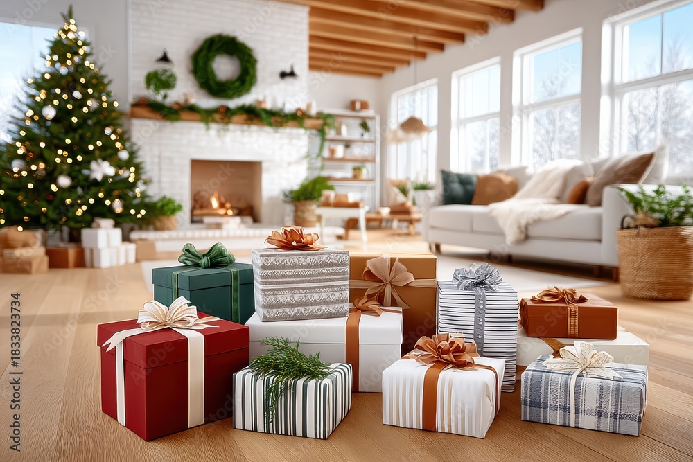 Naklejka premium Cozy Christmas in a bright living room with gifts under a decorated tree and fireplace