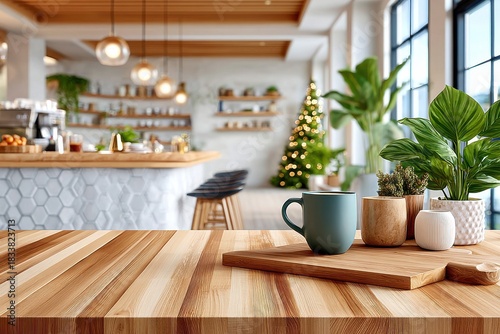 Wallpaper Mural Cozy holiday living room scene with coffee cup on a wooden table and Christmas tree decor Torontodigital.ca