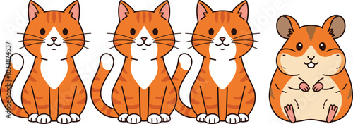 Simple Vector Illustration Set Featuring Three Identical Cute Orange and White Striped Tabby Cats Sitting Upright, Alongside One Fluffy Brown Hamster or Guinea Pig Character for Pet-Themed Design