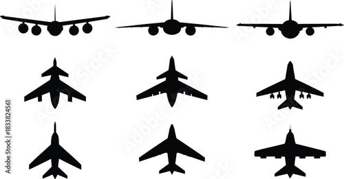 Airplane silhouette icon set, front and top views, aircraft recognition graphic, jet design comparison, aviation vector illustration, military and commercial planes
