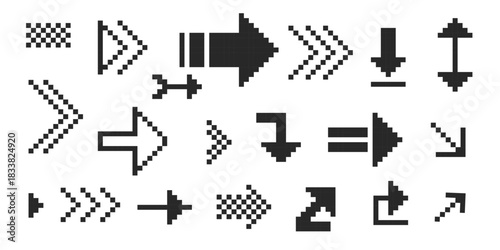 Pixel arrow set. Pixel art different directions 8 bit gaming console style sign. Interface icon. Collection
