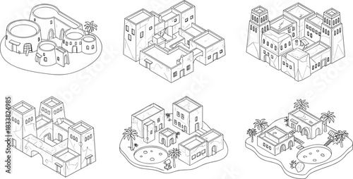 Isometric desert village buildings set with ancient architecture, traditional mud houses, Middle Eastern structures, old town illustration, Arabian architectural elements, cultural heritage design